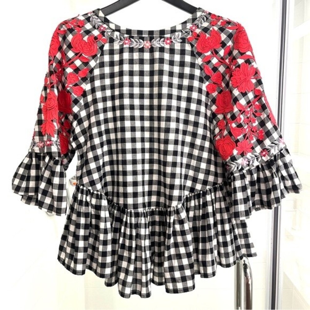 Anthropologie Pankaj and Nidhi Gingham Check Applique Cotton Top S NWOT - Picture 13 of 16